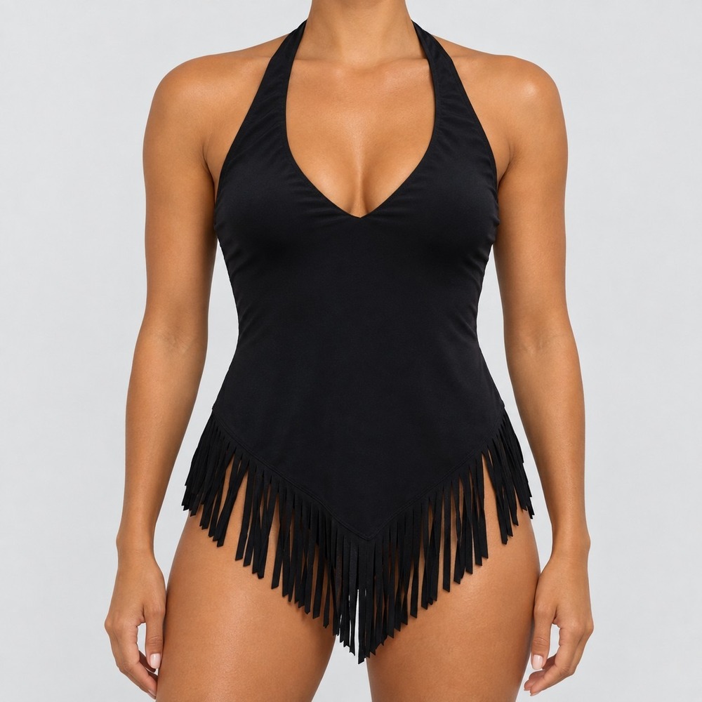 MAGICSUIT Size 8 Black Fringe Benefits 'Stevie' Underwire Bra Halter Tankini Top
